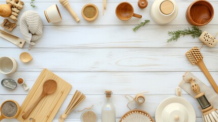 Kitchen accessories made from natural materials such as bamboo and wood on a white wooden background