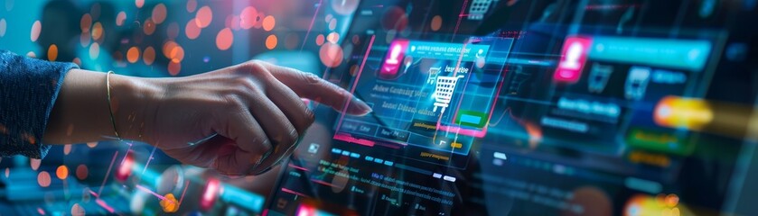 Hand interacting with futuristic digital interface, exploring data analytics and technology innovation in a high-tech environment.