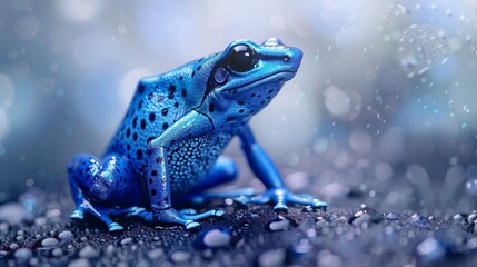 A vibrant blue poison dart frog, its striking coloration standing out against a transparent...
