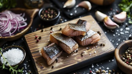 Fototapeta premium A wooden cutting board with fish on it and a variety of spices and herbs