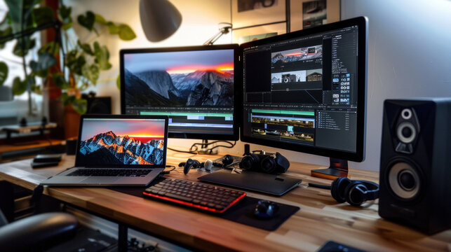 a desktop arrangement for a freelance editor, complete with a laptop computer and a widescreen monitor. editing equipment videos for vlogs or other online content.
