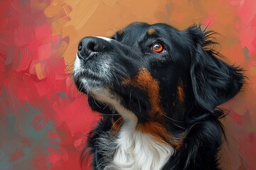 Close-up of a Bernese Mountain Dog looking upwards with a thoughtful expression, set against an abstract orange background