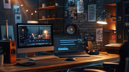 Fototapeta premium A freelance editor's desktop setup, featuring a laptop computer and a high-resolution monitor. professional workspace, ideal for content video review and editing.