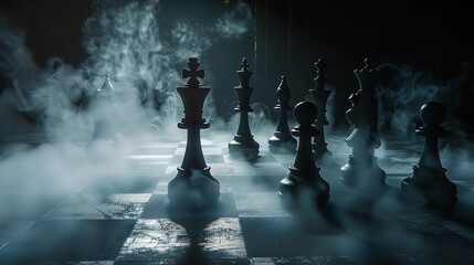 Chess Figures on a Dark Background: Strategic Concept

