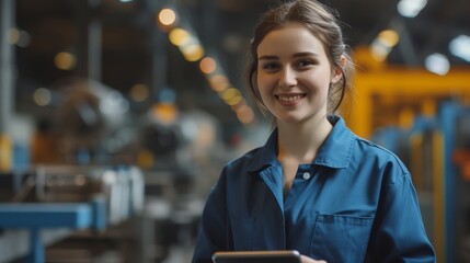 Young female worker in a blue uniform smiles warmly while using a tablet near a busy production line in a factory