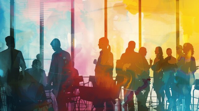 Silhouettes of business people conversing in a colorful modern office setting, creating a vibrant and dynamic work environment.