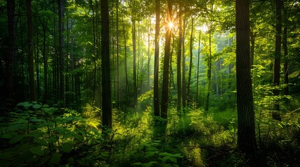Obraz premium Green forest with tall trees and sunlight shining through the leaves, symbolizing nature's beauty and hope for sustainable development.