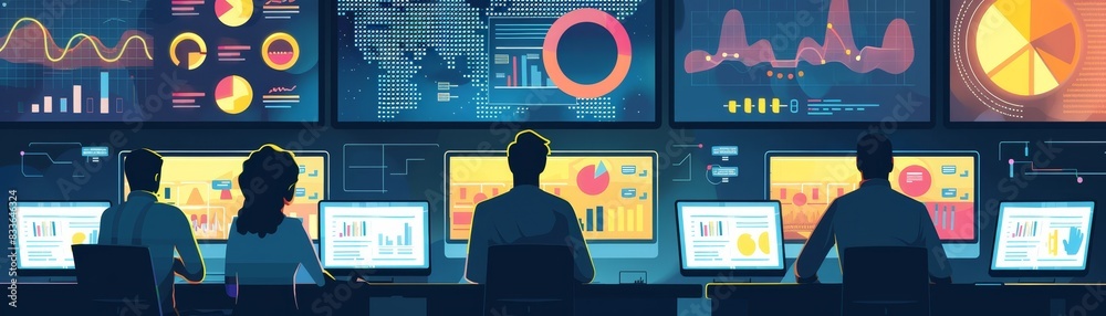 Poster team of professionals monitors data analytics on multiple screens in a control room, analyzing graph