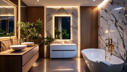 Premium luxury modern bathroom with marble, water sink, bath up and led lights strips