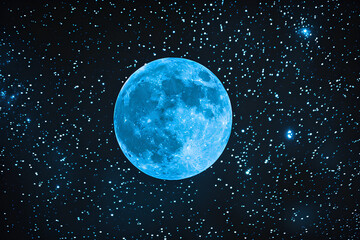 a full light blue moon in the night sky lots of shiny silver stars