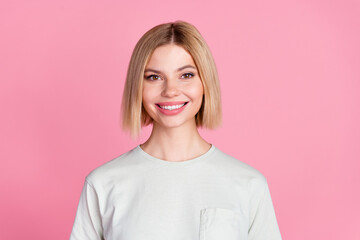 Portrait of nice young lady toothy smile good mood wear t-shirt isolated on pink color background