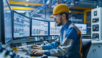 An engineer in a control room, monitoring systems and ensuring optimal performance, with screens and industrial controls around