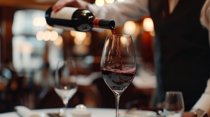 Obraz premium Red wine flowing from a bottle held by an elegant waiter into a glass