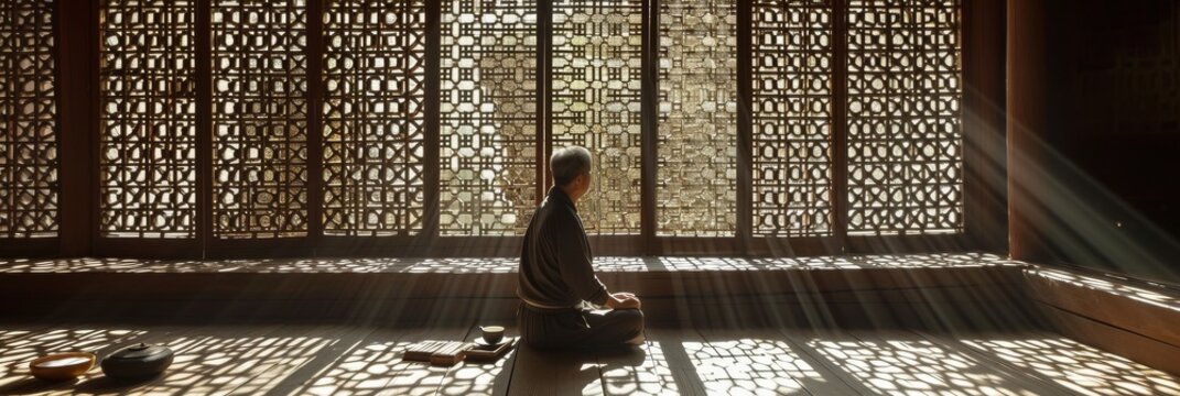 A tea master performs a Chinese tea ceremony in an ancient tea house, where sunlight streams through the wooden lattice windows