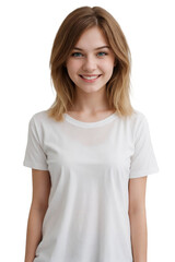 Fototapeta premium Portrait of a young Russian girl wearing white t-shirt, smiling and looking at the camera, isolated, transparent background, no background. PNG.