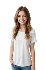 Fototapeta premium Portrait of a young Russian girl wearing white t-shirt, smiling and looking at the camera, isolated, transparent background, no background. PNG.