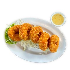 shrimp fish-cake in donut shape Thai traditional appetizer dish. On white background. 