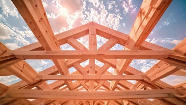 A carpenter uses skillful hands to form the framework of a new home while constructing wooden roof trusses. He works on the wood beams while a new house is being constructed.