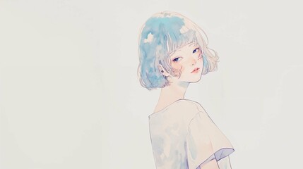 振り返るかわいい女性の水彩イラスト