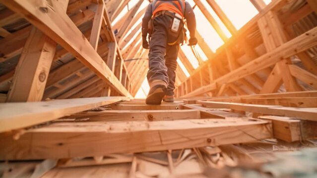 A carpenter works on wooden roof trusses as they shape the framework of a new home conceptual image of a carpenter working on wood beams for a new house