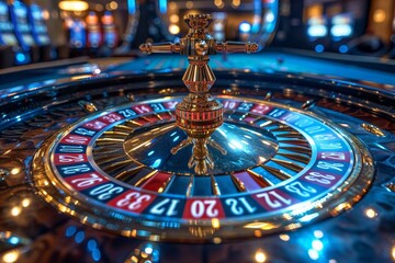 Detailed close-up of a spinning casino roulette wheel with a focus on numbers and colors