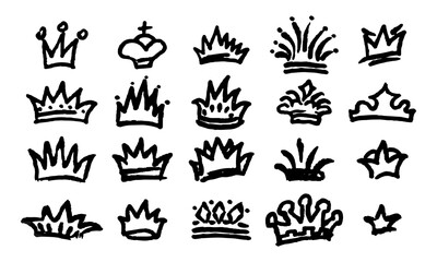 Twenty handwritten crowns drawn with a marker. Doodles and squiggles. Vector set