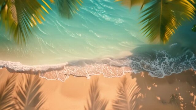 A top view of a tropical island's beach by the ocean or sea with vibrant trees and a watercolor background with a lot of space for text or advertisements