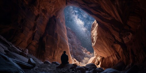 Lone Adventurer Gazing at the Starry Night Sky in a Majestic Canyon, Embracing the Wonders of Nature and the Universe - Powered by Adobe
