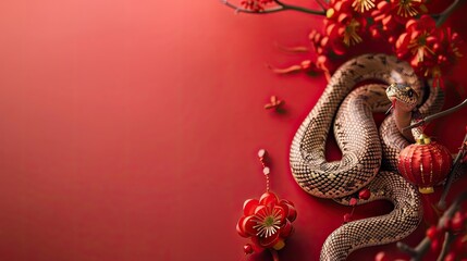 Fototapeta premium A stylized image of a snake amidst blossoms and lanterns against a red backdrop