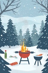 A flat design of a winter barbecue with snow around