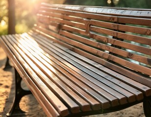 A close-up shot of the bench, capturing the details of the wood grain and the rustic charm of the design. selective focus