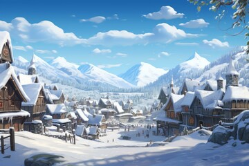 Fototapeta premium Idyllic winter scene of a picturesque village blanketed in snow with mountains in the background