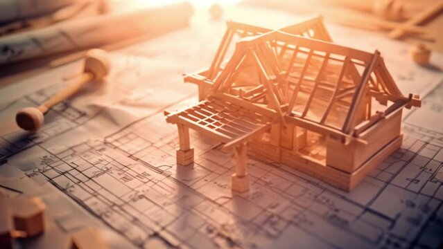 A model house sits on top of a blueprint that shows how a carpenter shapes wooden roof trusses to become the foundation for a new house