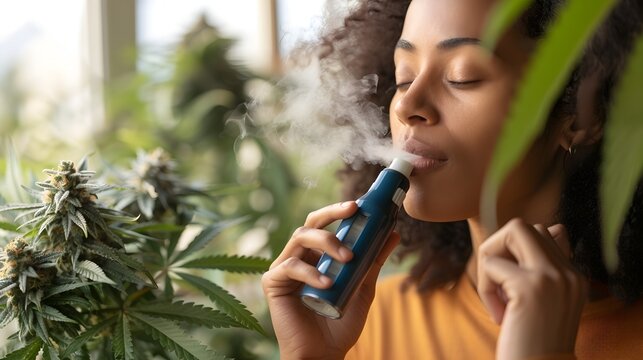 Serene Respite A CloseUp Portrait of a Person Finding Relaxation with a Cannabis Inhaler