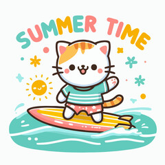 vector cute summer cat surfing t-shirt art design