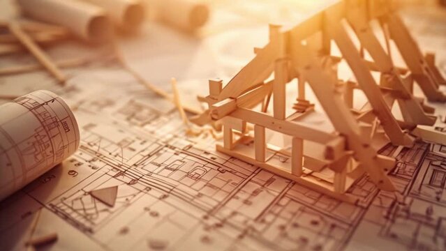 An elaborate model house sits atop a blueprint blueprint that shows how a carpenter builds a home from scratch using wooden roof trusses