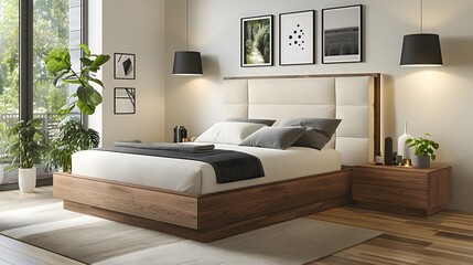 Modern minimalist bedroom with sleek wooden bed, white headboard and foot board, grey fabric cushion on the top of it, brown wood side tables beside the bed.