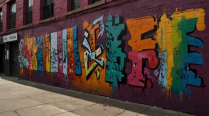 Naklejka premium A poem capturing the kaleidoscope of hues adorning a bustling street's graffiti-filled wall ai_generated 