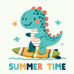 vector cute dino summer surfing t-shirt art design