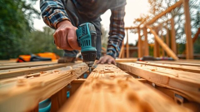 A carpenter using drill tool or electric screwdriver working at house construction site on a wooden roof truss for building a wooden house