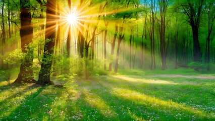 Obraz premium Silent Forest in spring with beautiful bright sun rays