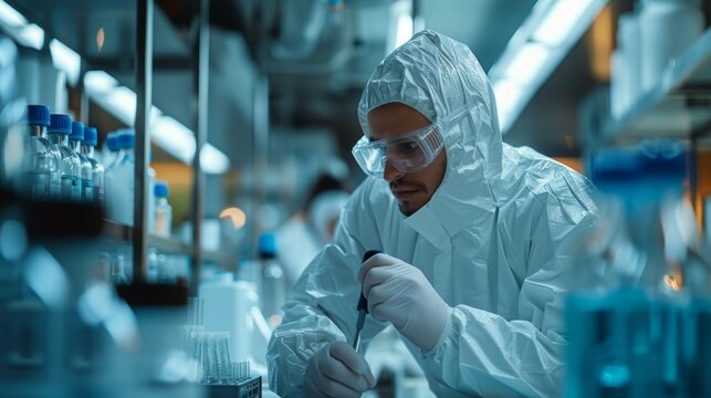 food safety testing, a meticulous hispanic microbiologist in a lab, wearing protective gear, running food tests for hygiene compliance using a pipette
