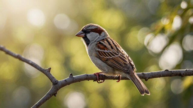 Cute little sparrow bird sit on the branch in a sunny spring garden