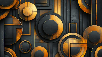 Wallpaper, Background. Geometric abstract art with gold and black circles