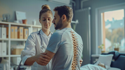 Fototapeta premium A moment of patient-focused care: a physiotherapist conducts a back examination, symbolizing the trust, communication, and expertise integral to effective physiotherapy treatment.