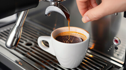 Coffee machine with a coffee cup, the barista's hand pours drink into a cup