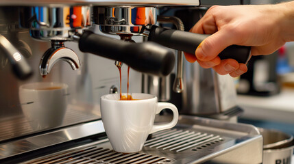 Coffee machine with a coffee cup, the barista's hand pours drink into a cup