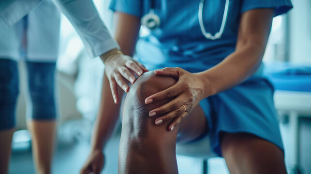 A physiotherapist carefully palpates a patient's knee, showcasing hands-on assessment skills and personalized care in the realm of physical therapy.