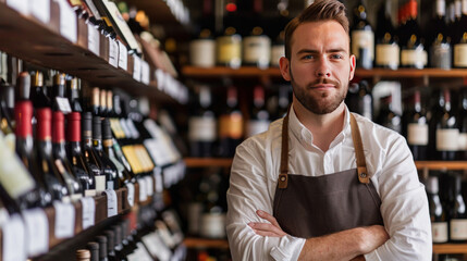 A professional sommelier in a crisp white shirt and apron, standing confidently in front of a well-stocked wine rack, ready to assist customers with wine selections.