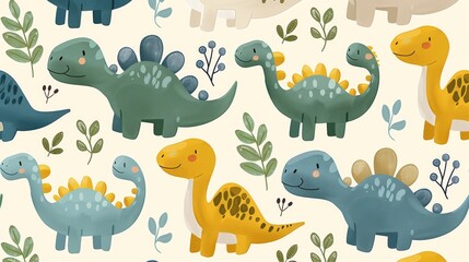 A cute pattern of pastel dinosaurs in shades of light green, yellow, and blue, playfully spaced across a cream background. 